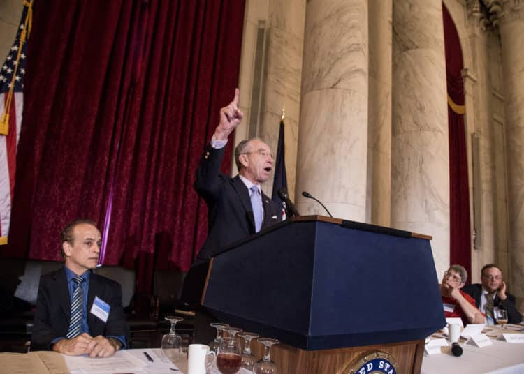 Senator Grassley delivers his keynote speech to a packed room on National Whistleblower Day.