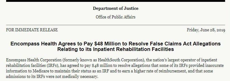 Qui tam cases against once-notorious rehab hospital chain result in $48 million settlement, lots of spin.