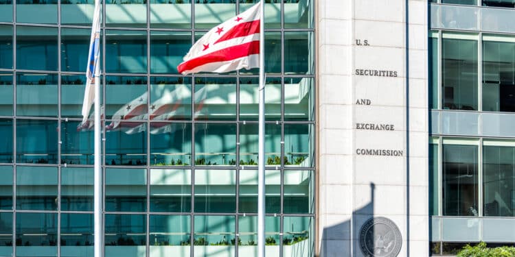 Washington DC, USA - October 12, 2018: US United States Securities and Exchange Commission SEC architecture modern building sign logo red flag and glass windows