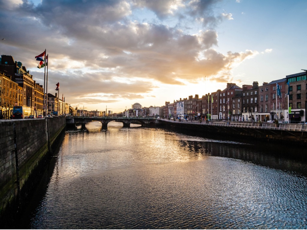 Photo of the River Liffey in Dublin, Ireland at sunset