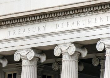 Photo of the U.S. Treasury Department building with ornate pillars