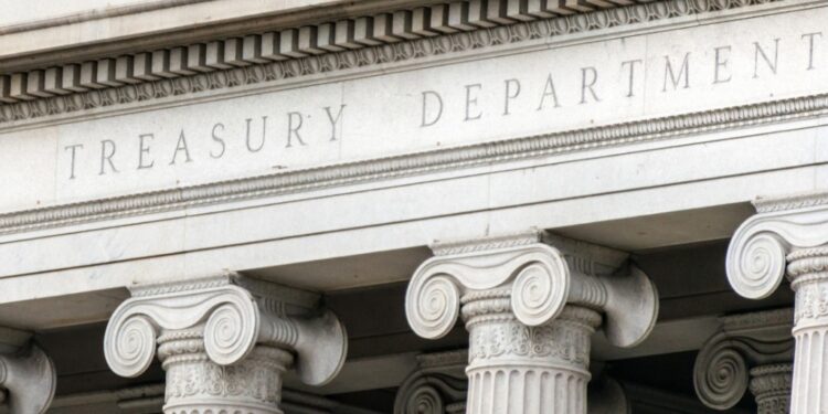 Photo of the U.S. Treasury Department building with ornate pillars