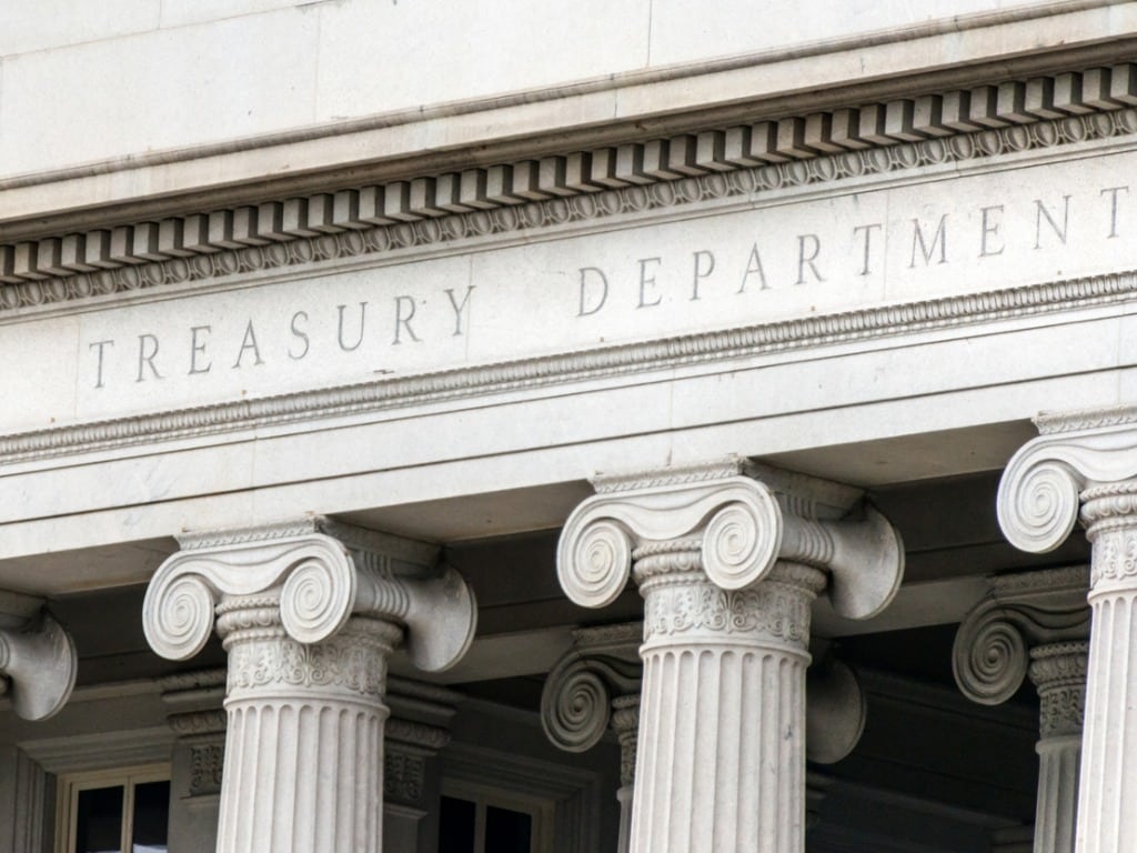 Photo of the U.S. Treasury Department building with ornate pillars