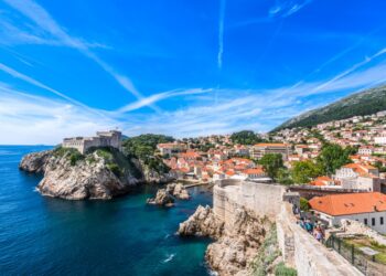 View of Fort Lovrijenac from Dubrovnik, Croatia, blue sky in background