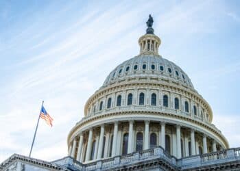Picture looking up at the Capitol Dome in Washington, D.C. against a blue sky