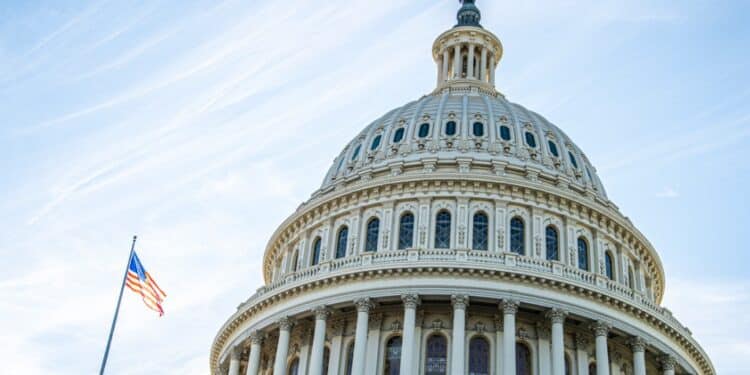 Picture looking up at the Capitol Dome in Washington, D.C. against a blue sky