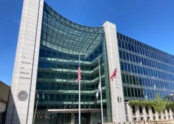 Photo of the exterior of the U.S. SEC building against a blue sky, taken by WNN reporter Ana Popovich.