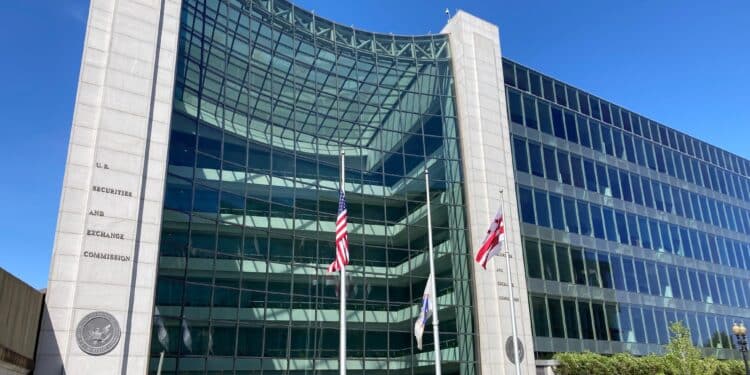 Photo of the exterior of the U.S. SEC building against a blue sky, taken by WNN reporter Ana Popovich.
