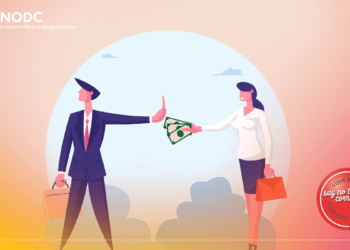 Graphic of animated people, man refusing money from woman. Credit: United Nations