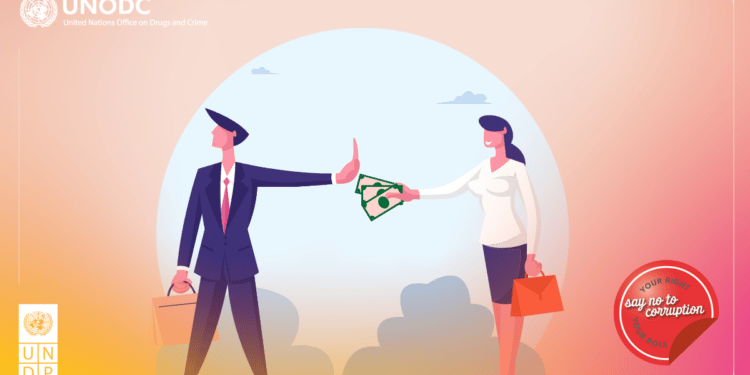 Graphic of animated people, man refusing money from woman. Credit: United Nations