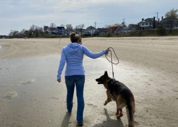 Theresa Foley walking a dog on a beach