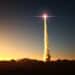 Stock photo of a rocket launching at sunrise in the desert.