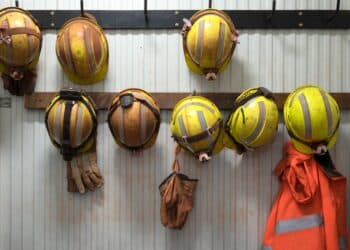 Hard hats mounted on a wall