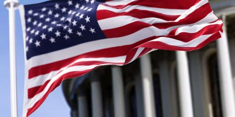 American flag in front of the U.S. Capitol building
