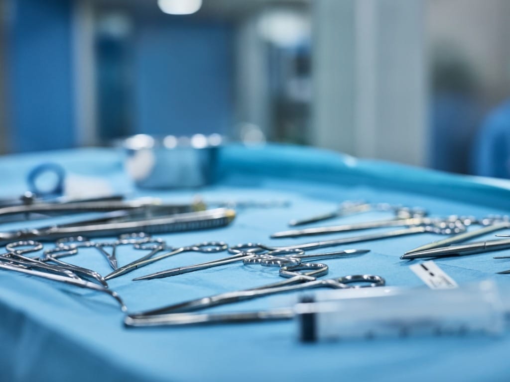Close up of surgical tools on a table in an operating room