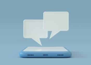 Graphic of a phone with two white text boxes coming out of the screen