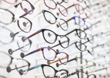 Row of glasses in an eye care shop