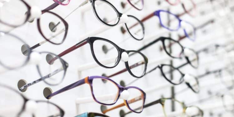 Row of glasses in an eye care shop