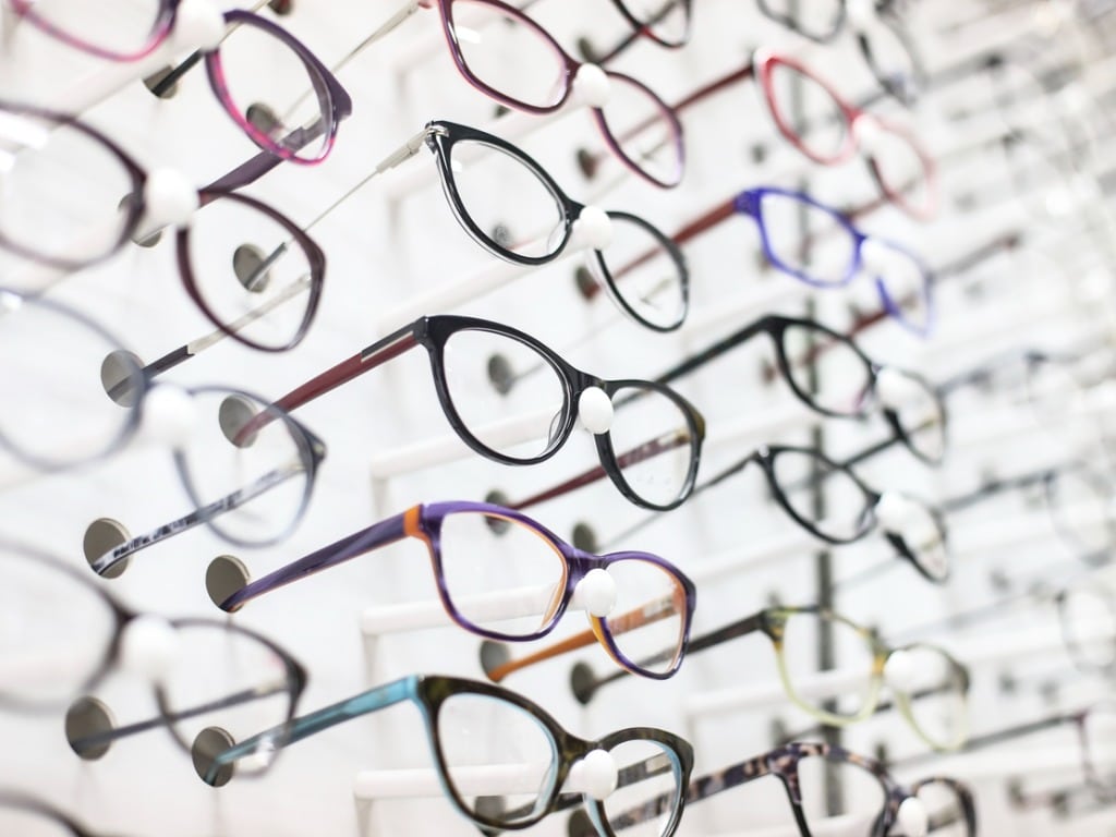 Row of glasses in an eye care shop