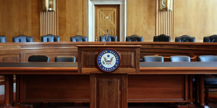 Washington, DC, USA - July 18, 2017: A United States Senate committee hearing room. The United States Senate is the upper chamber of the United States Congress.