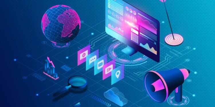 Illustration of media and the world, TV, a megaphone, etc.