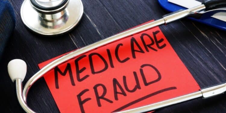Red card that says "Medicare Fraud" with a stethoscope and a clipboard