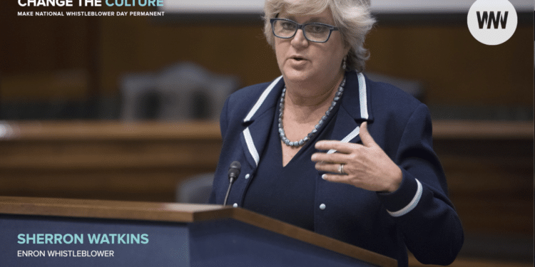 Photo of Sherron Watkins speaking at a National Whistleblower Day celebration